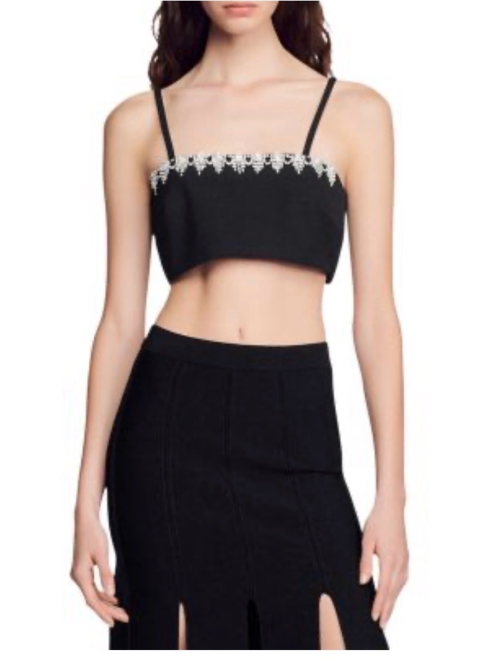 Sandro Black Crop Cami with White Beaded Trim
